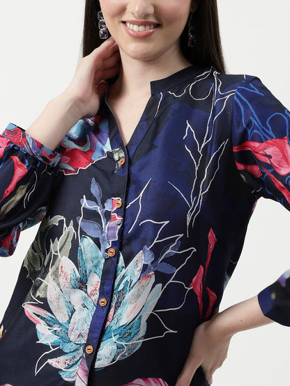 Floral Digital Printed Loungewear Shirt With Pant Set