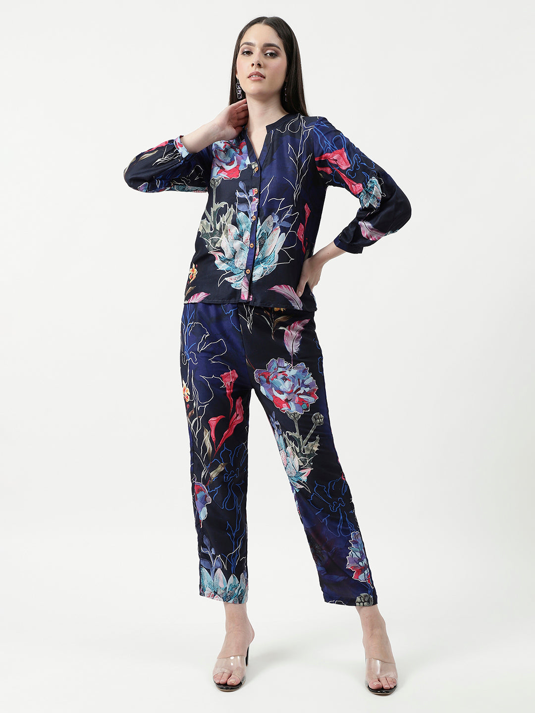 Floral Digital Printed Loungewear Shirt With Pant Set