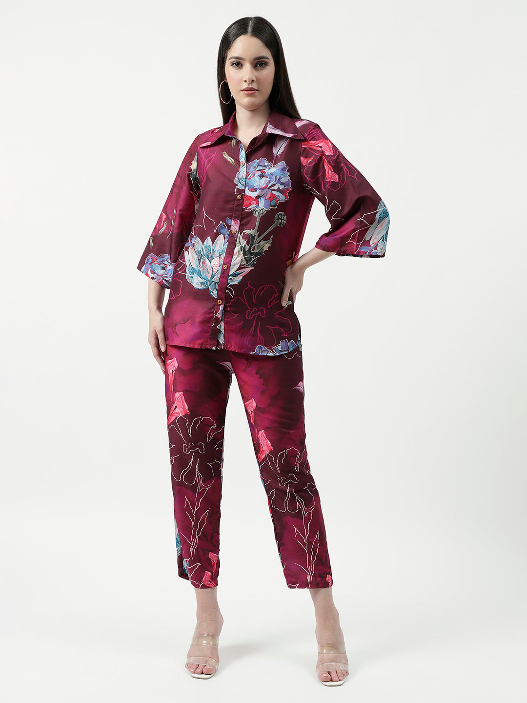 Floral Digital Printed Loungewear Shirt With Pant Set