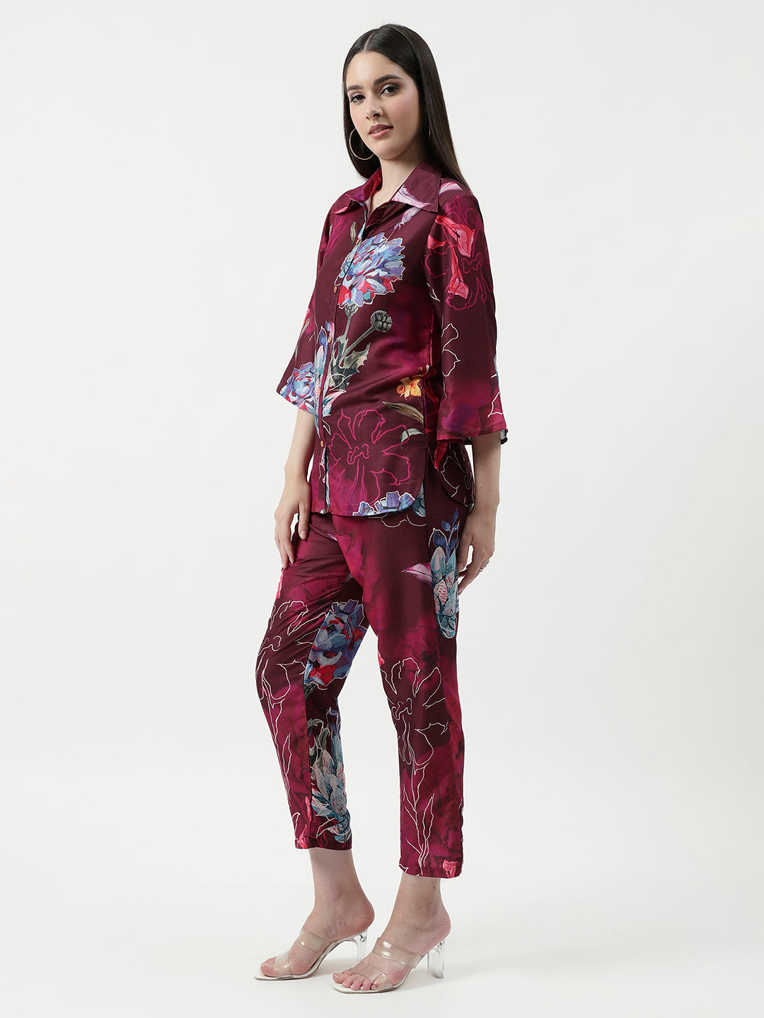 Floral Digital Printed Loungewear Shirt With Pant Set