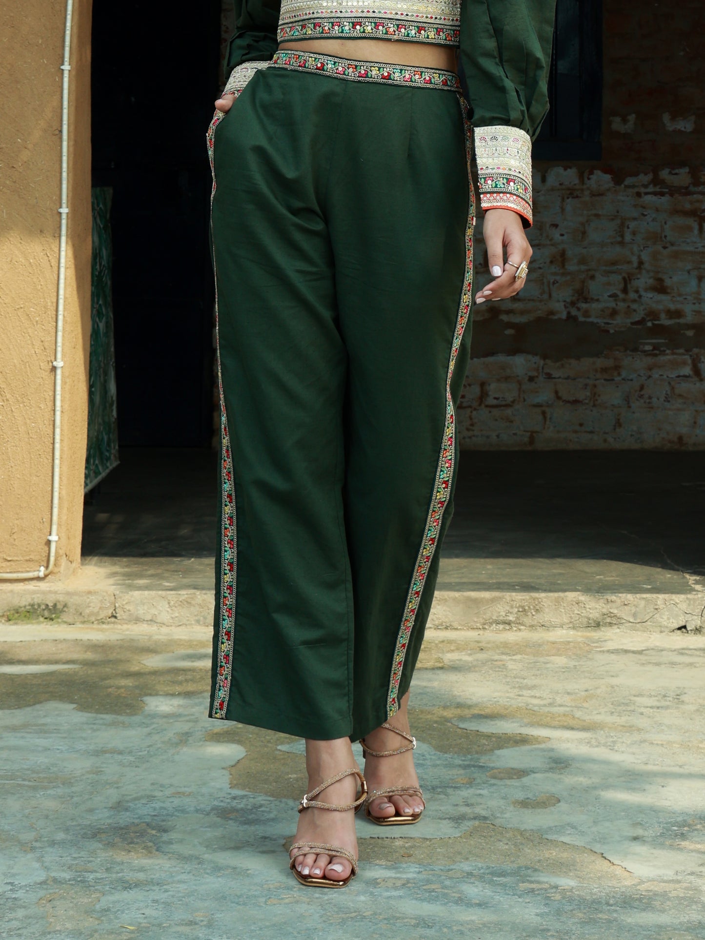 Olive green trouser with lace patch work nieshfashion