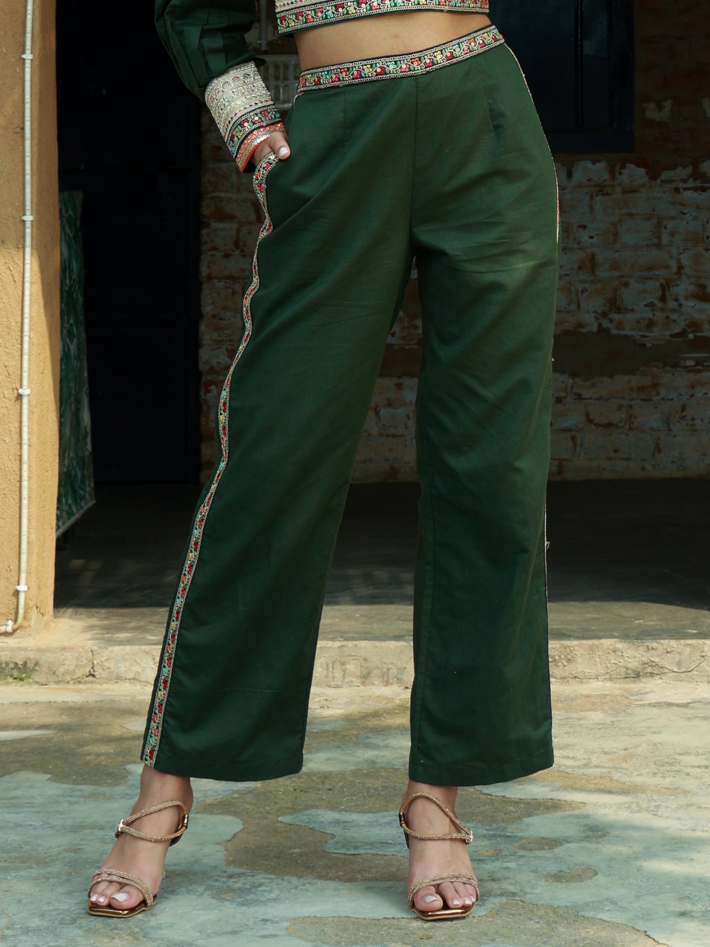 Olive green trouser with lace patch work nieshfashion