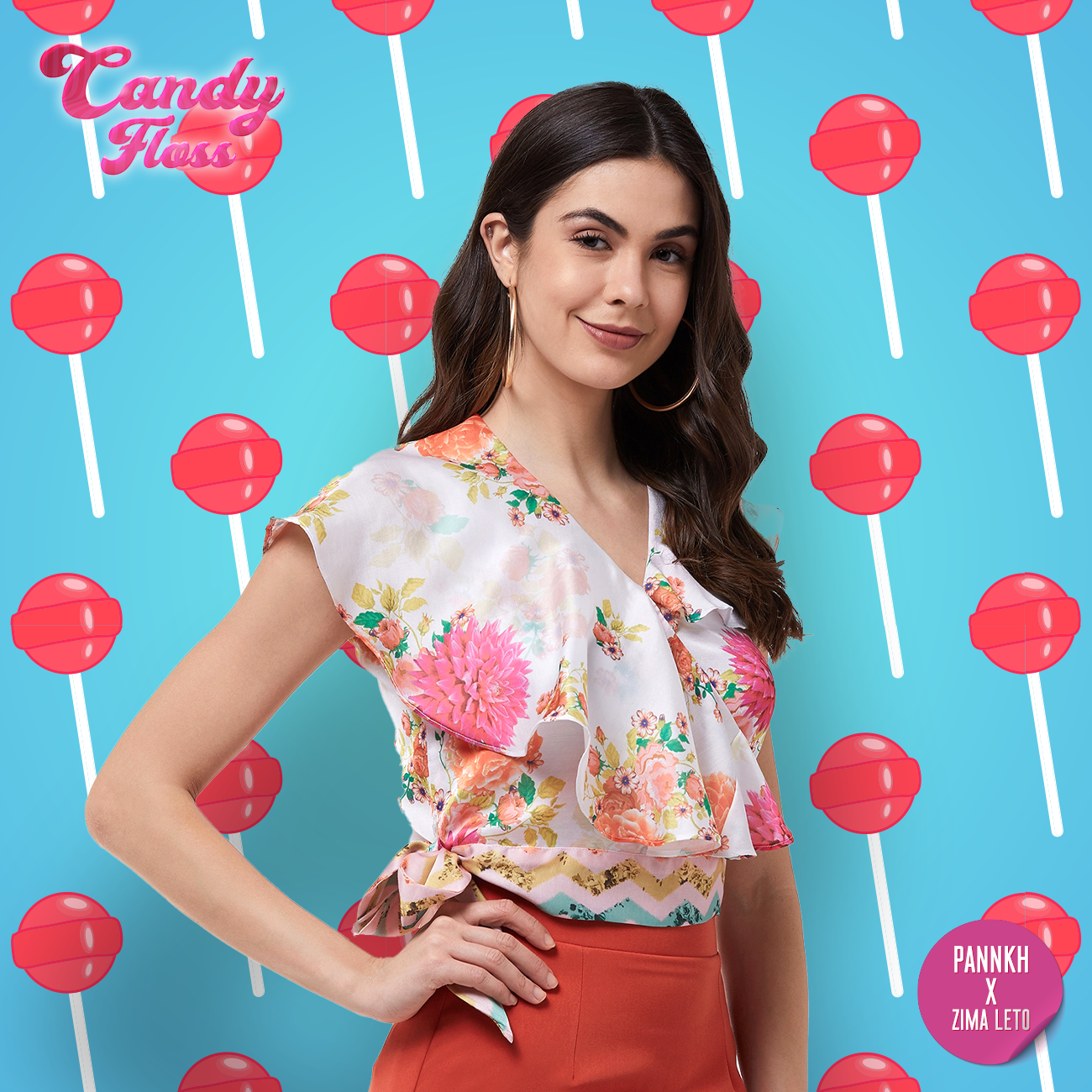 Candy Inspired Digital Printed Sleeveless Ruffle Top