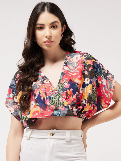 Digital Printed Overlap Crop Top With Elasticated Waist