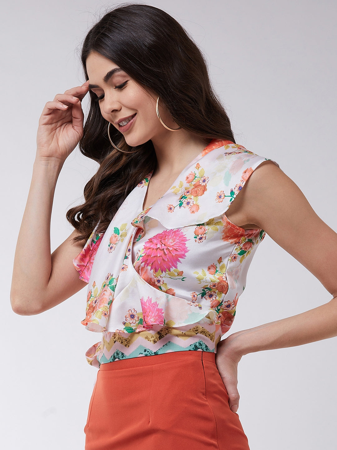 Candy Inspired Digital Printed Sleeveless Ruffle Top