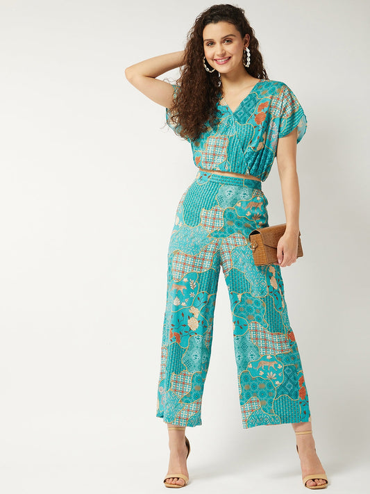 Printed Loose Overlap Top and Pant Set