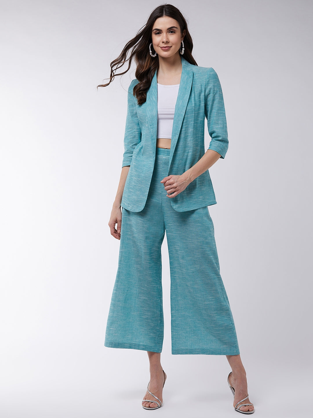 Chambray Long Blazer And Pant Set