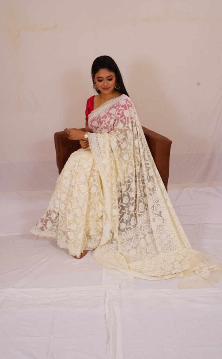 Chickenkari cream colour full jaal work saree nieshfashion