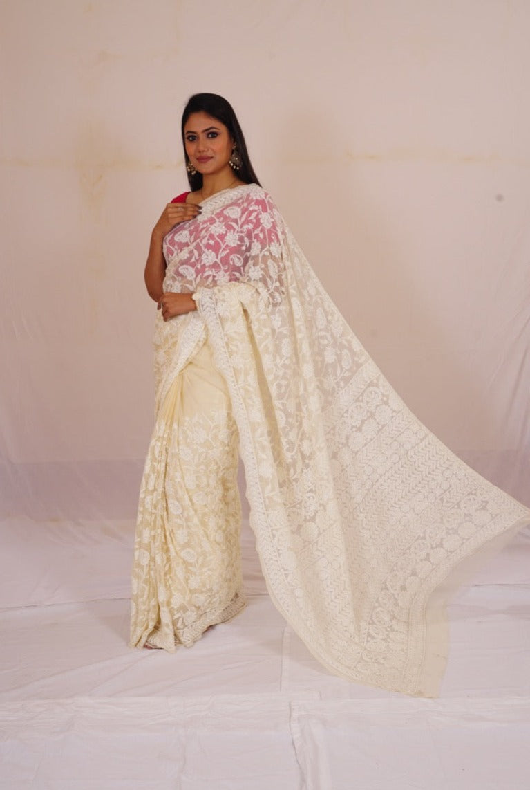 Chickenkari cream colour full jaal work saree nieshfashion