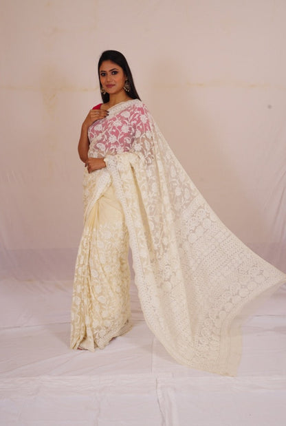 Chickenkari cream colour full jaal work saree nieshfashion