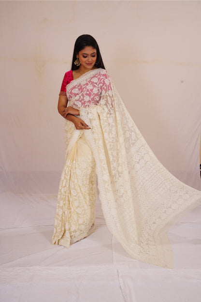 Chickenkari cream colour full jaal work saree nieshfashion