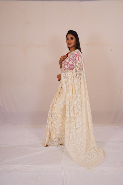 Chickenkari cream colour full jaal work saree nieshfashion