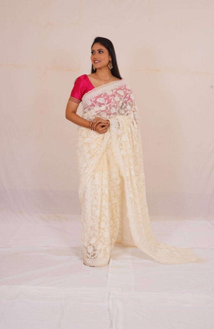 Chickenkari cream colour full jaal work saree nieshfashion