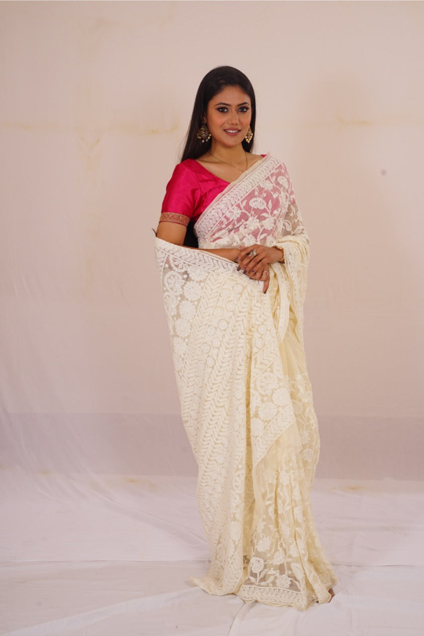 Chickenkari cream colour full jaal work saree nieshfashion