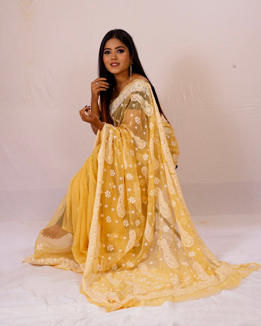 lucknow chickenkari yellow saree with kairi work nieshfashion