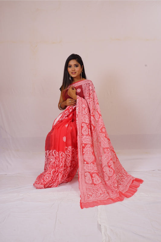 Chickenkari Red Lenhga Saree nieshfashion