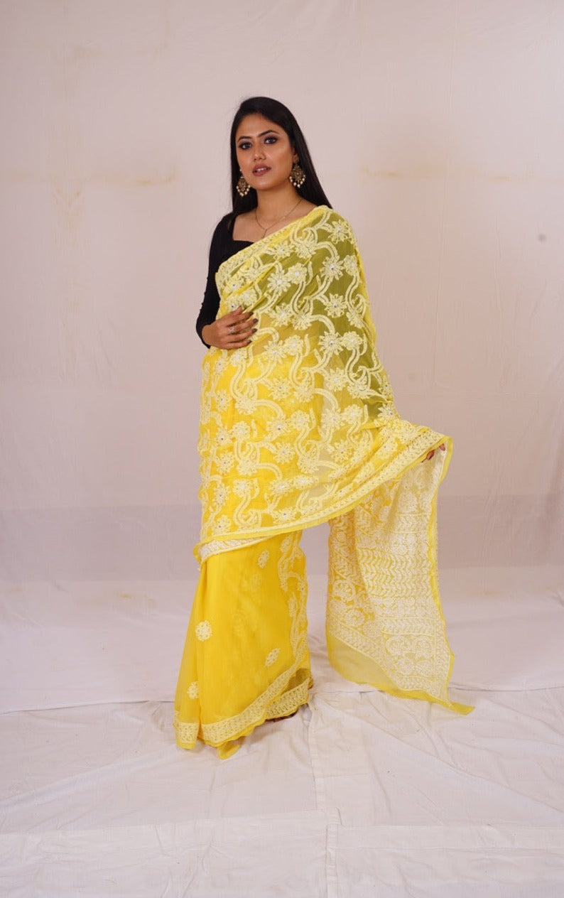 Chickenkari Yellow Half Jaal Saree nieshfashion