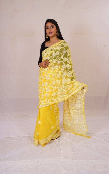 Chickenkari Yellow Half Jaal Saree nieshfashion