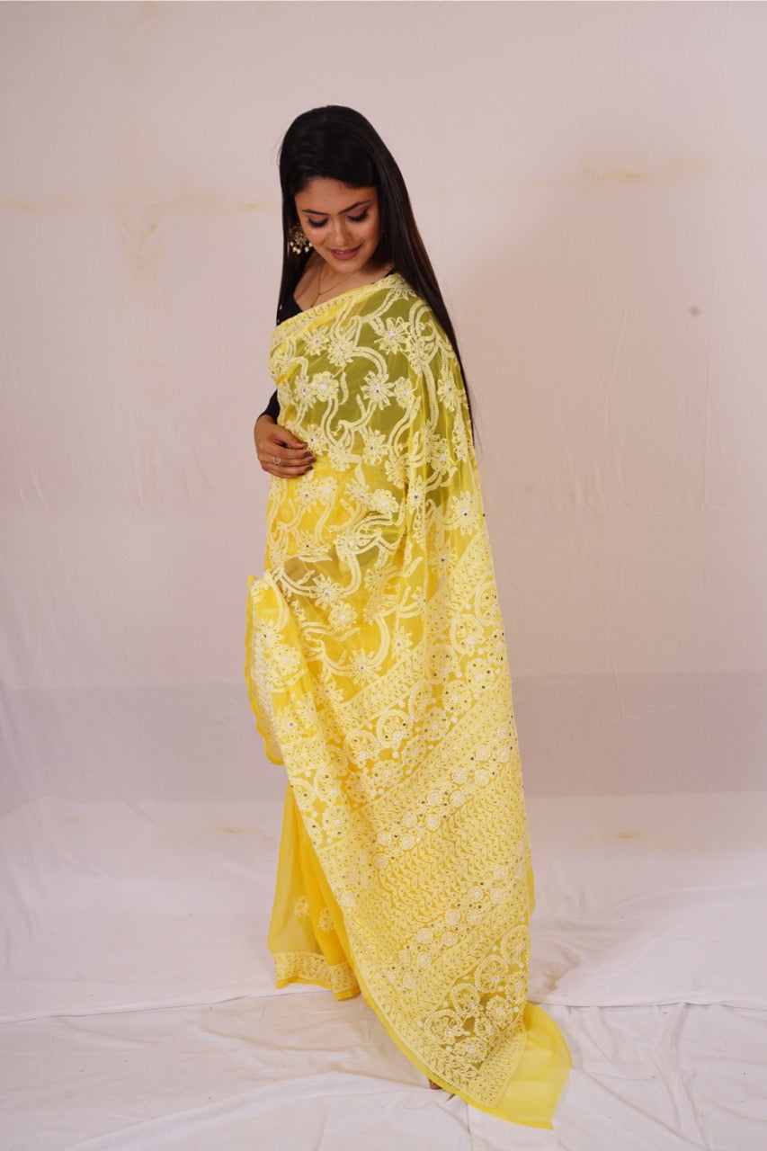 Chickenkari Yellow Half Jaal Saree nieshfashion