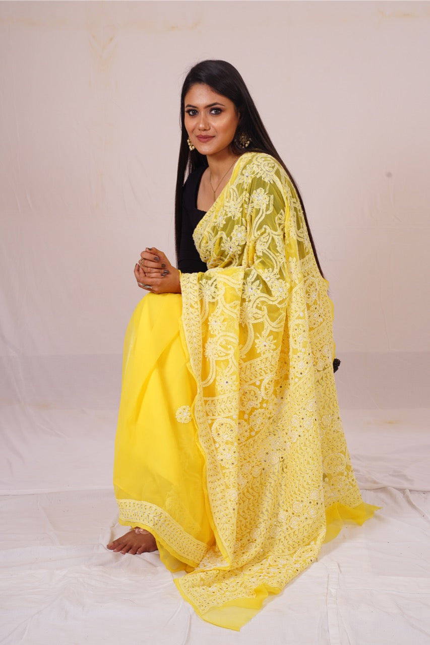 Chickenkari Yellow Half Jaal Saree nieshfashion