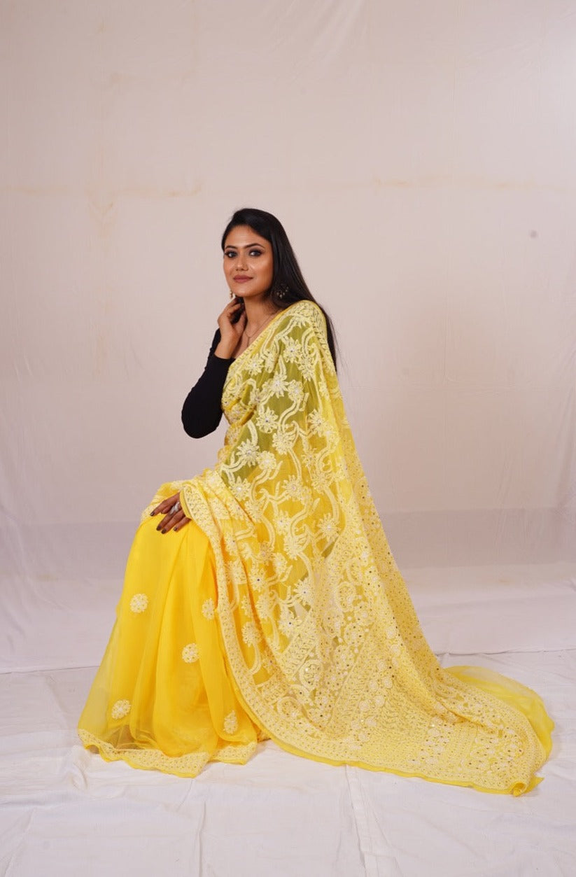 Chickenkari Yellow Half Jaal Saree nieshfashion