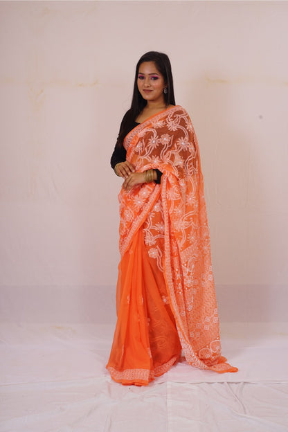 Chickenkari Orange Half Jaal Work Saree nieshfashion