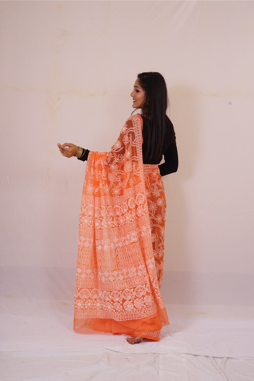 Chickenkari Orange Half Jaal Work Saree nieshfashion