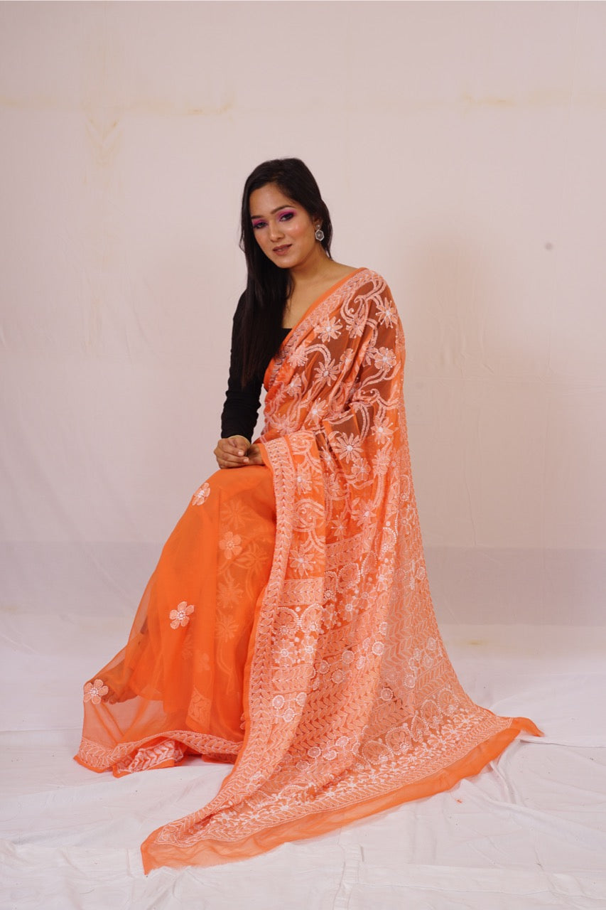 Chickenkari Orange Half Jaal Work Saree nieshfashion