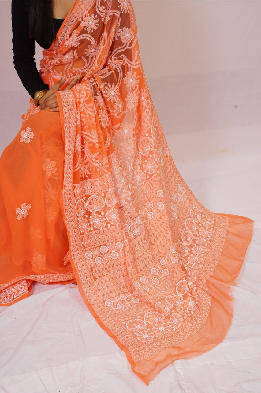 Chickenkari Orange Half Jaal Work Saree nieshfashion