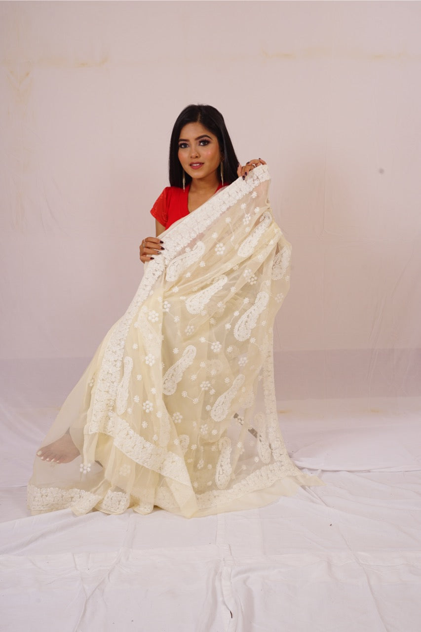 Chickenkari cream colour kairi saree nieshfashion