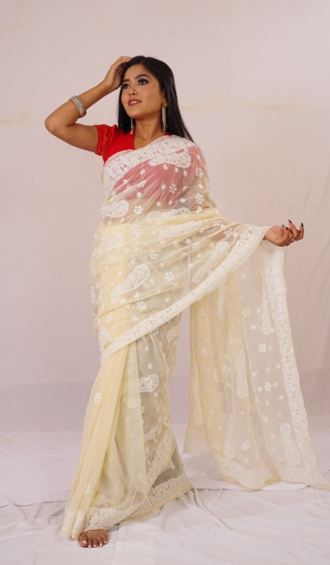 Chickenkari cream colour kairi saree nieshfashion