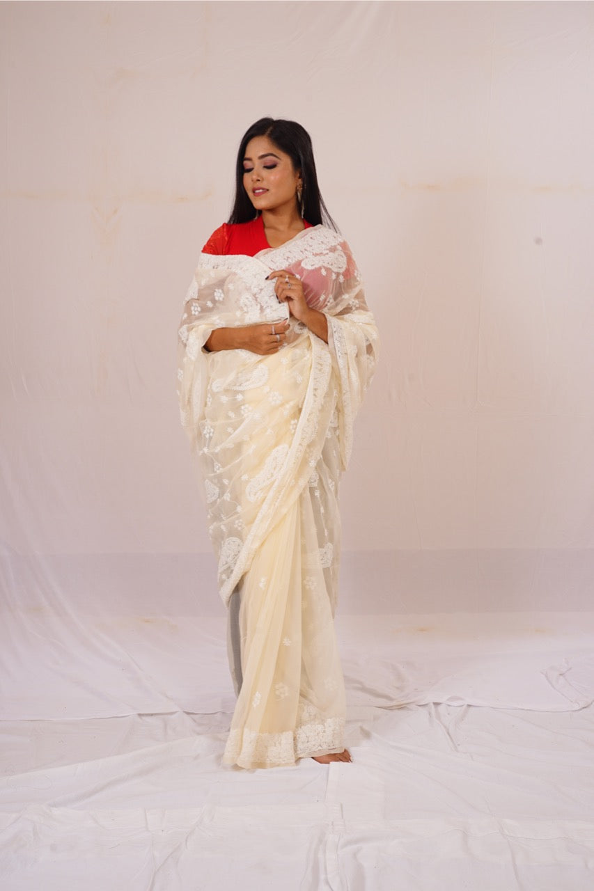 Chickenkari cream colour kairi saree nieshfashion