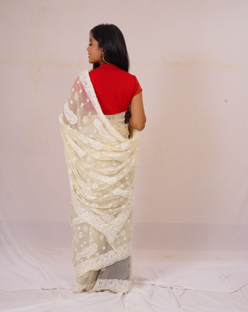 Chickenkari cream colour kairi saree nieshfashion