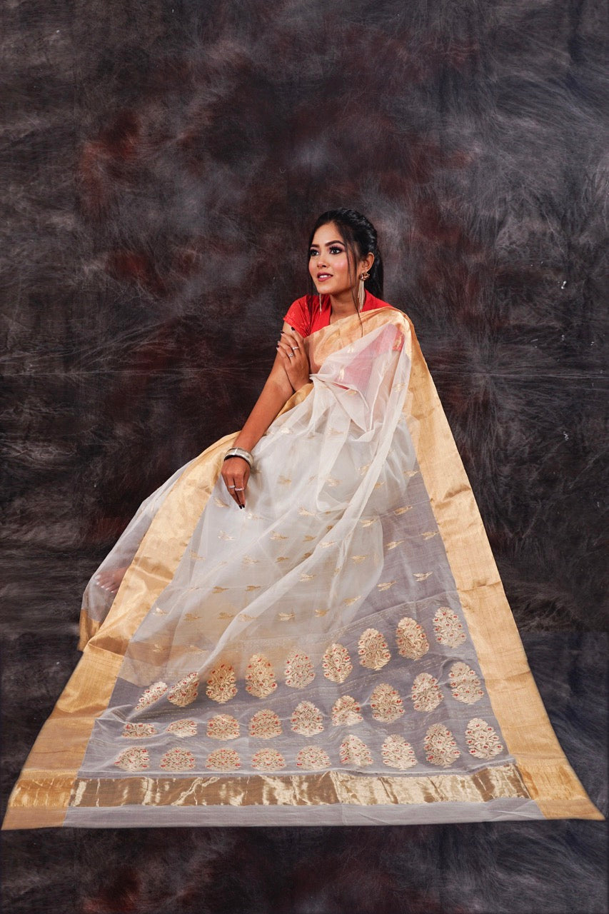 Chanderi white saree (100% handloom, 100% chanderi silk ) nieshfashion