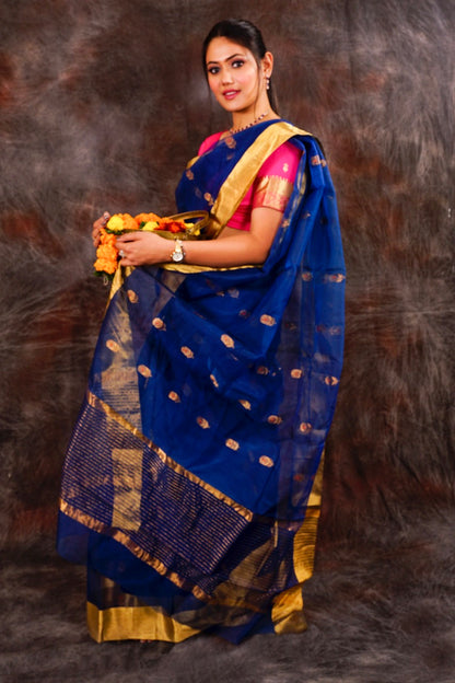 Chanderi pure silk blue saree with zari work nieshfashion