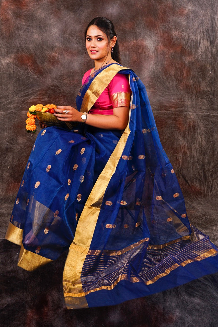 Chanderi pure silk blue saree with zari work nieshfashion