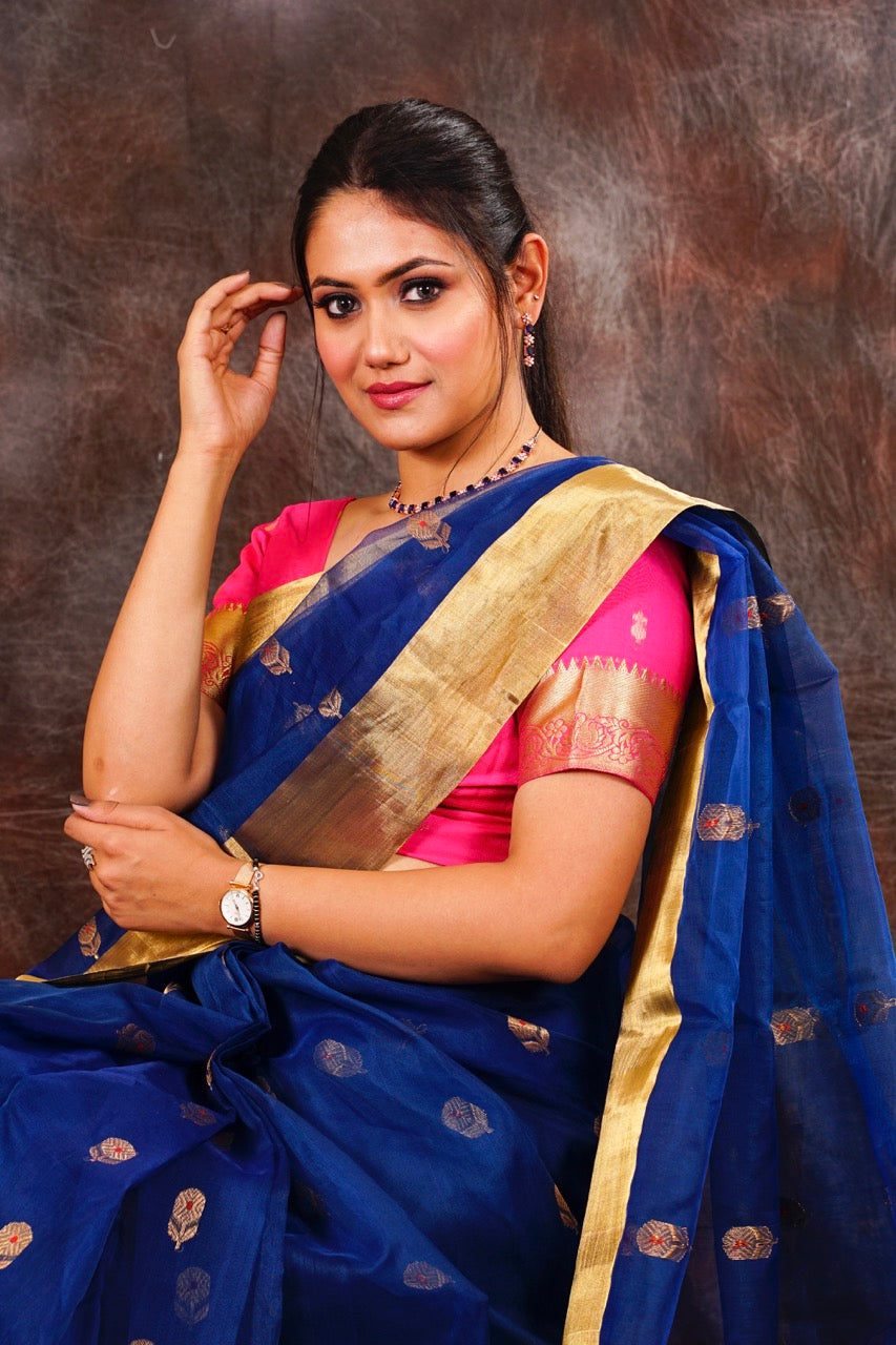 Chanderi pure silk blue saree with zari work nieshfashion