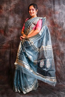 Chanderi silk grey saree with silver zari work nieshfashion