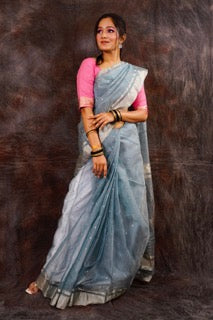 Chanderi silk grey saree with silver zari work nieshfashion