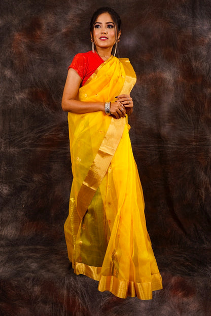 Chanderi silk yellow saree with zari work nieshfashion