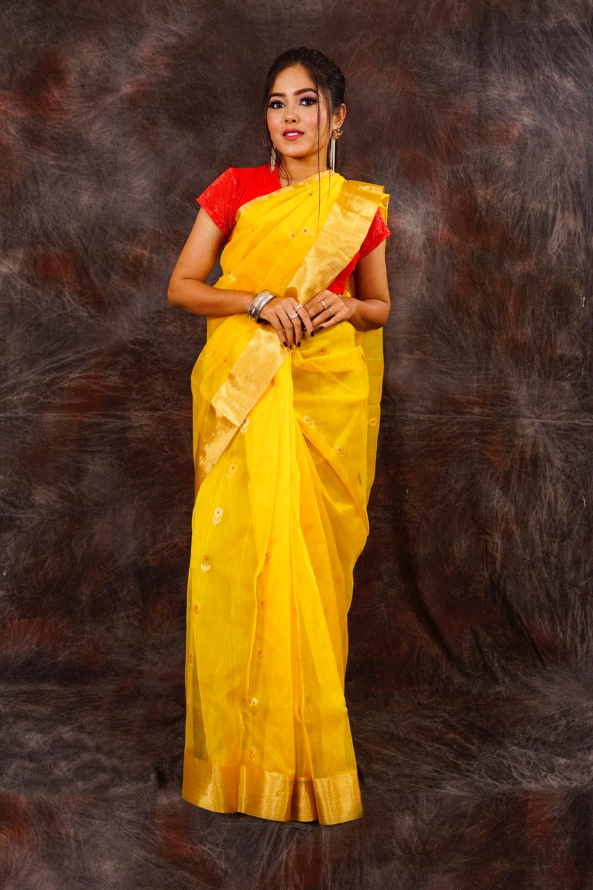 Chanderi silk yellow saree with zari work nieshfashion