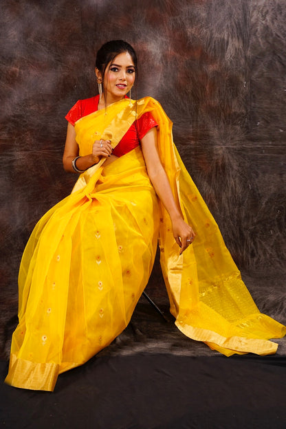 Chanderi silk yellow saree with zari work nieshfashion