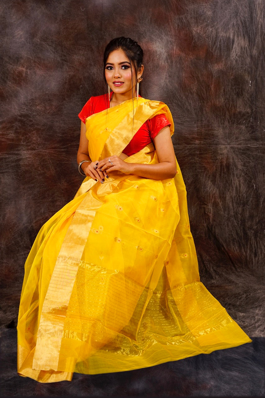 Chanderi silk yellow saree with zari work nieshfashion