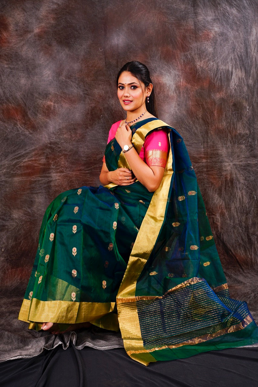 Chanderi silk green saree with golden zari work nieshfashion