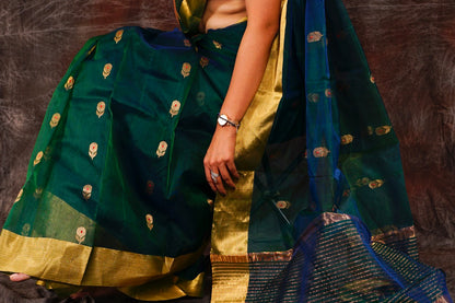 Chanderi silk green saree with golden zari work nieshfashion