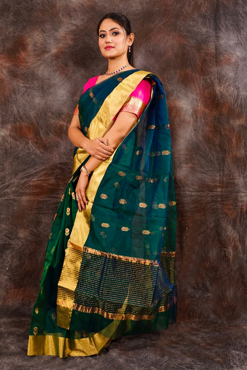 Buy Dark Green Heavy Border Golden Resham Embroidrey Silk Saree  |lovelyweddingmall.com