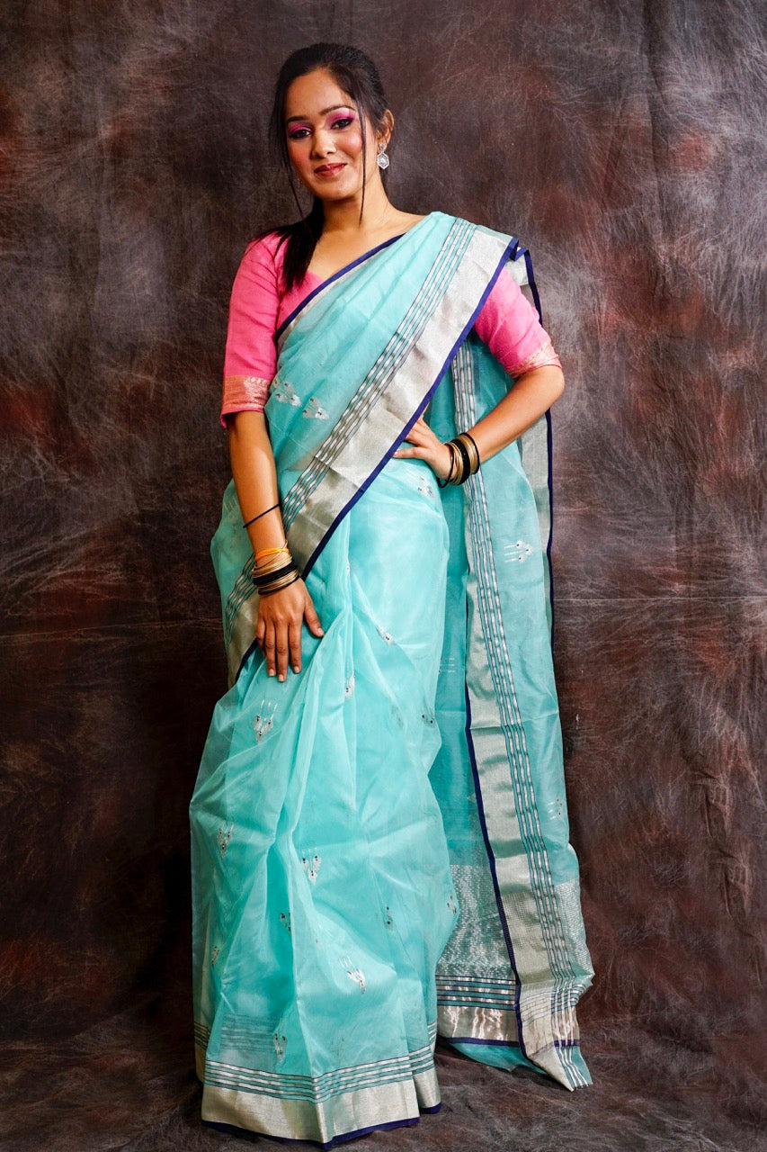 Chanderi silk light blue saree with zari work nieshfashion