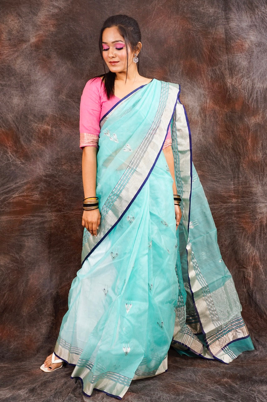 Handwoven Blended Cotton Sequin Saree with Running Blouse (Blue) – Ramanika