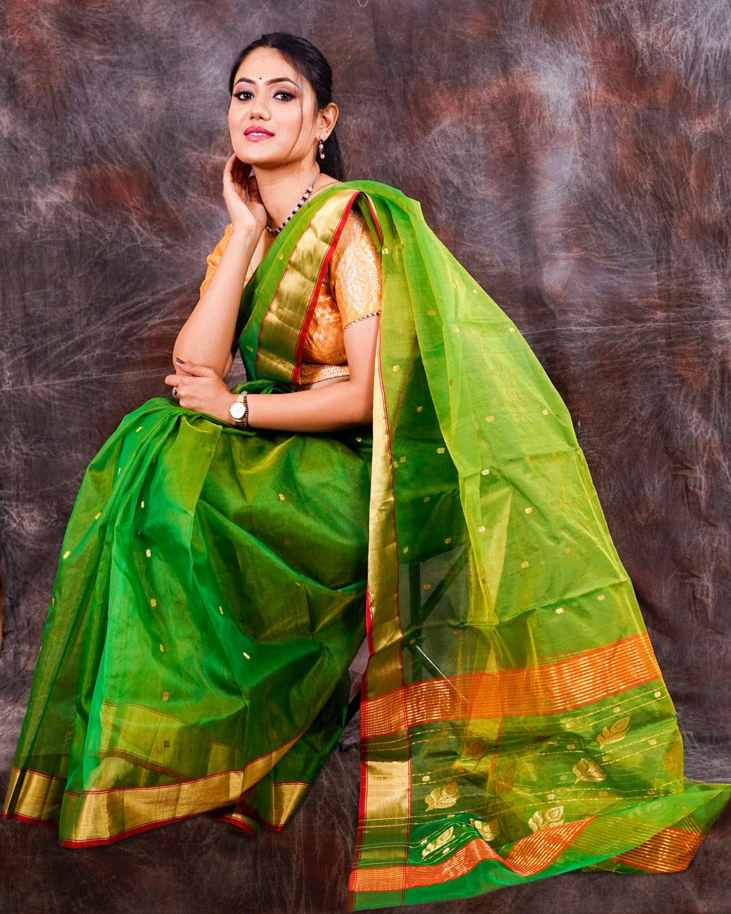 Shop yellow Kanchi Silk Saree with green border