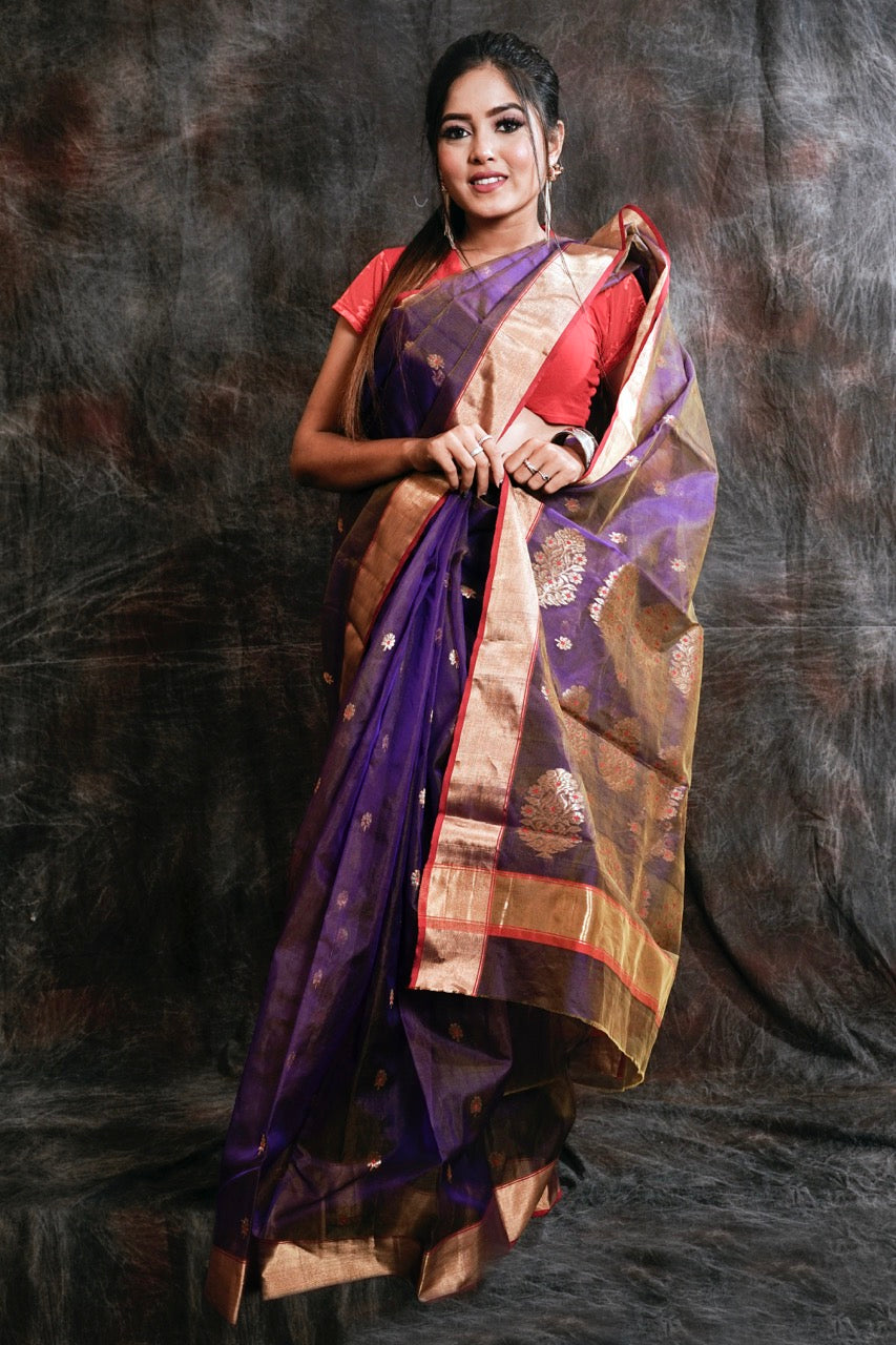 Chanderi silk purple saree with zari work nieshfashion